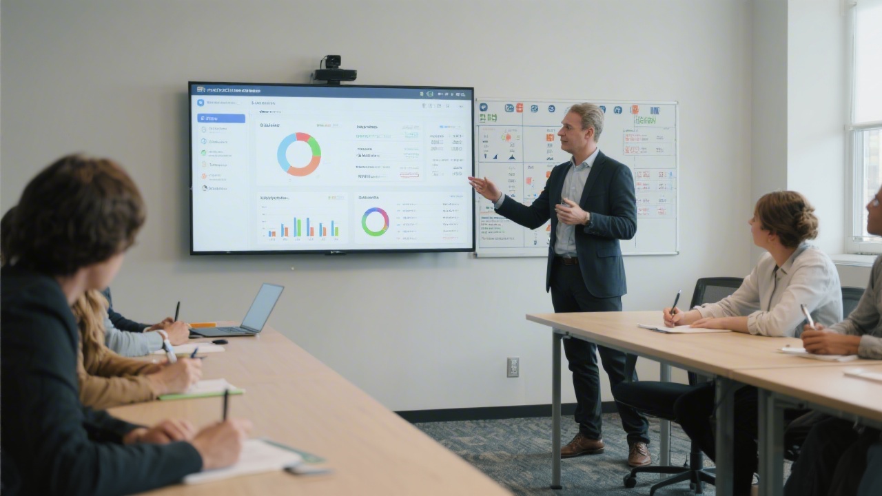 Instructor reviewing a structured project board and analytics dashboard on a large screen, while participants take notes at long tables in a professional learning setting.