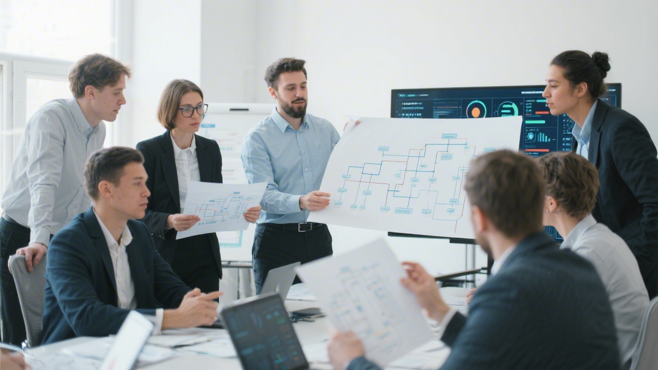 Group of professionals reviewing printed system diagrams and digital dashboards during a workshop, showing active discussion and structured learning in a bright room.