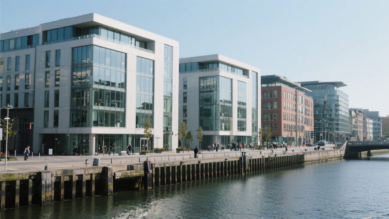 Street-level view of modern offices along Sir John Rogerson's Quay in Dublin with the River Liffey in the foreground and calm business activity.