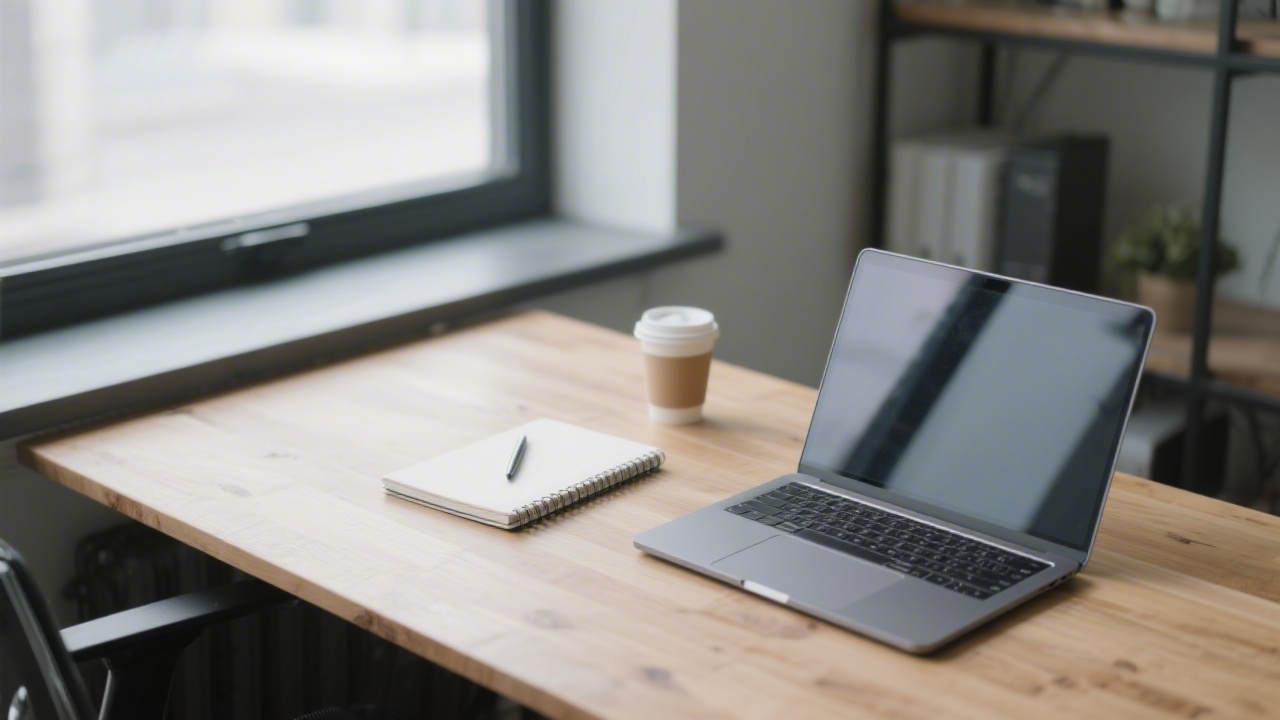 Professional workspace with a notebook, laptop, and coffee cup on a wooden desk near a large window, suggesting a focused environment for communication.