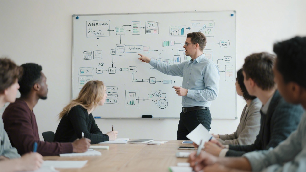 Instructor pointing to a whiteboard filled with diagrams of web architecture, SEO flowcharts, and analytics pipelines, with students taking notes in a focused workshop setting.